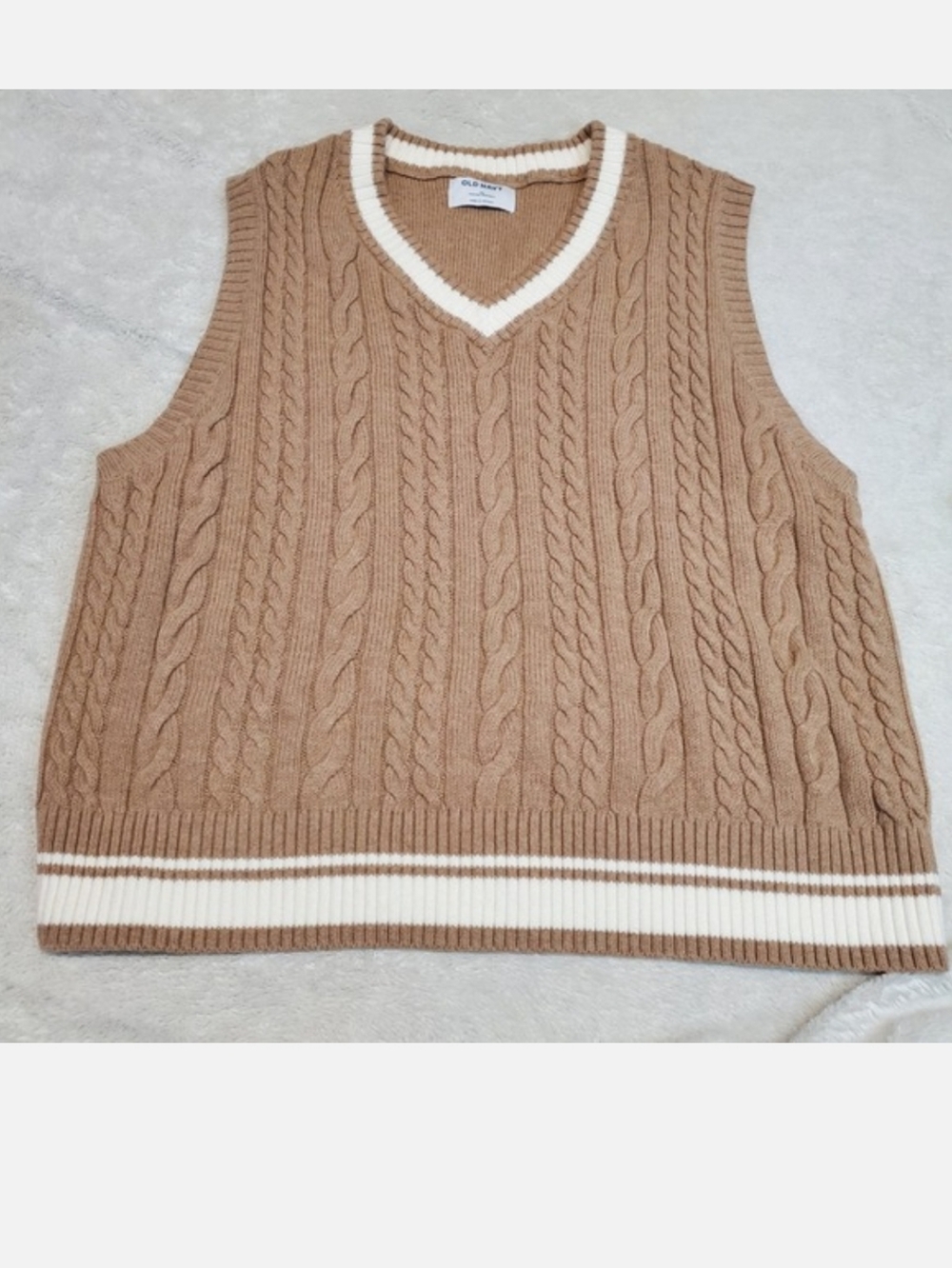 Old Navy Tan White Cable Knit Vest XL Wool Academia Classic Old Money Capsule